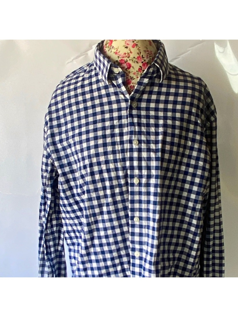 Express Men's Blue and White Gingham Button-Down Shirt